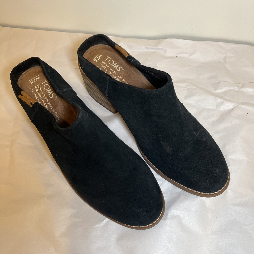 TOM'S Womens LEILA Black Suede Block Heel Mule Clog Slip On Shoes Size 7.5 W EUC - Picture 2 of 10